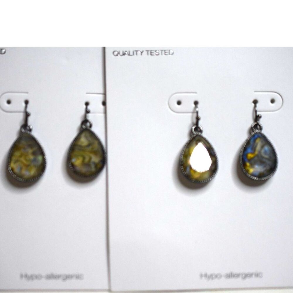 NIP 2pr Black Metal Framed Teardrop Abalone Shell Inlay Dangle Hook Earrings
